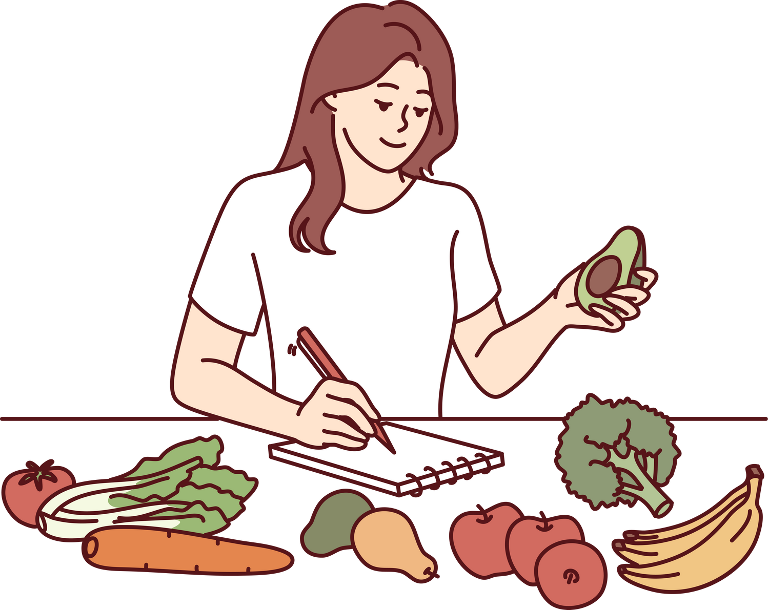 Woman near table with vegetables makes notes counting calories or making plan for new keto diet